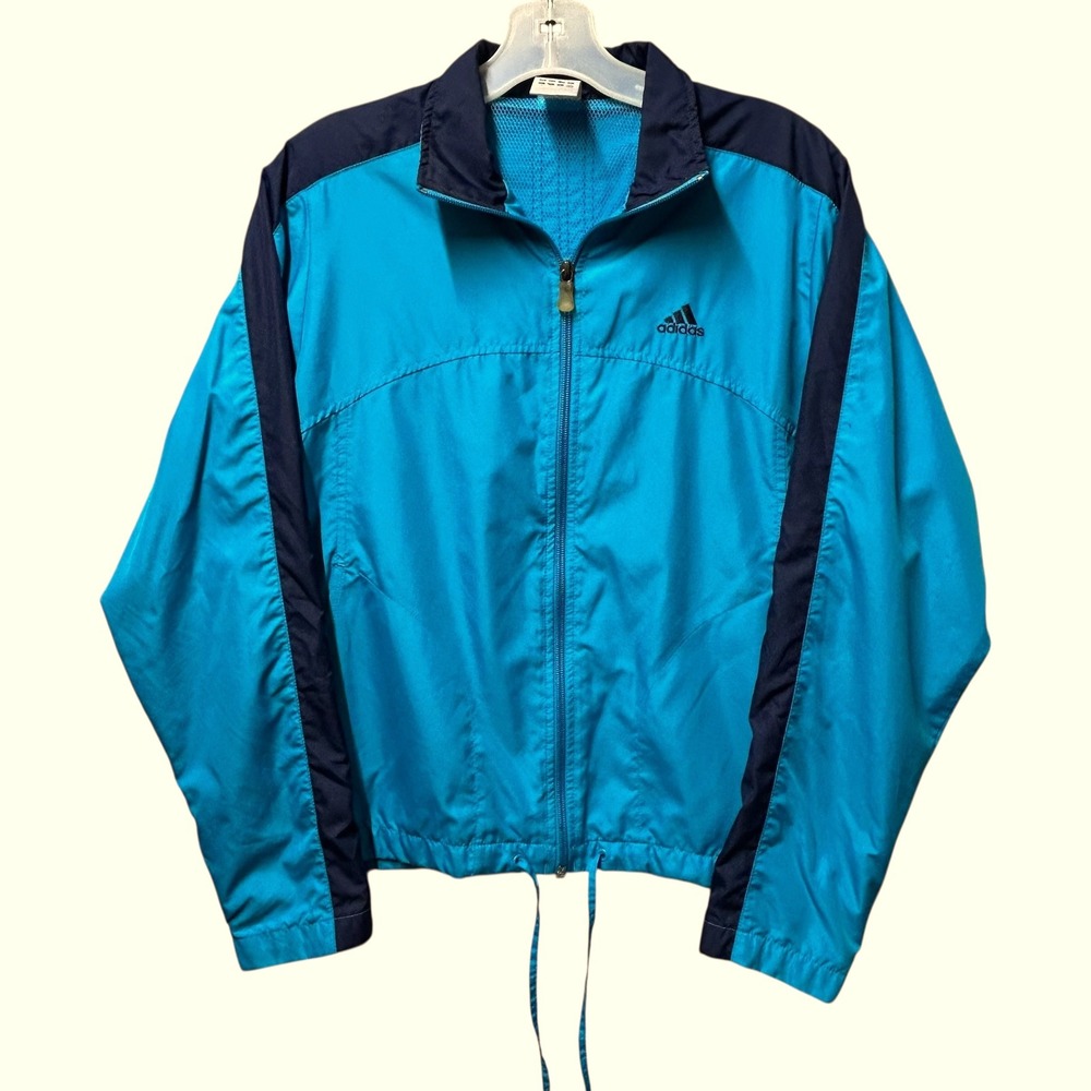 Vtg Y2K Adidas Windbreaker Jacket Womens S Full Zip Blue Track Retro‎ 3 Stripe